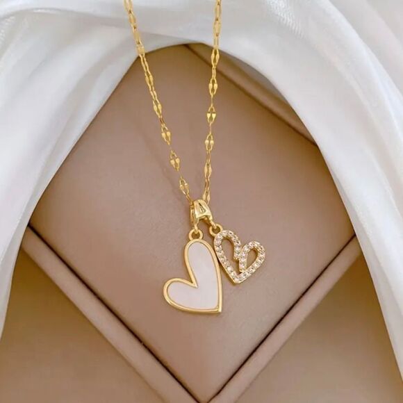 Diamond Double Heart Gold Necklace - Picture 4 of 6